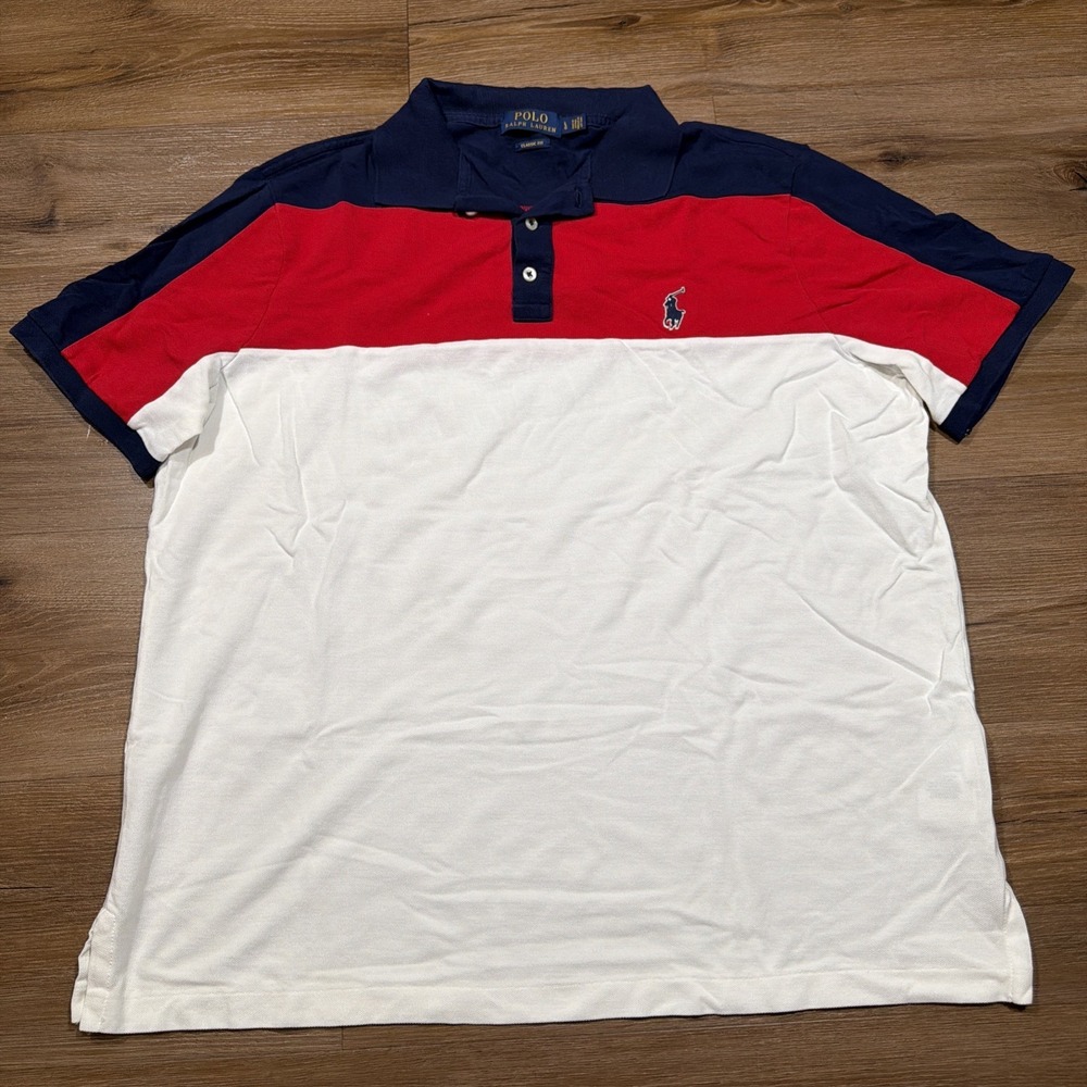 Polo Ralph Lauren Classic Fit Polo Shirt Men's LARGE Red White Blue Colorblock